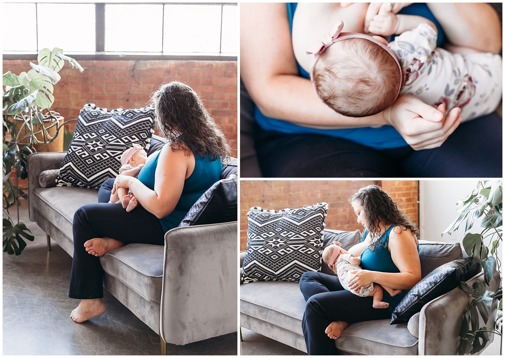 Mother nurses baby on couch during OKC motherhood photo session at White Moose Studios.